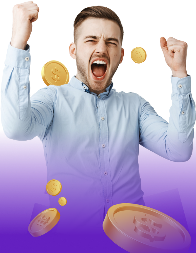 Homem comemorando com moedas caindo