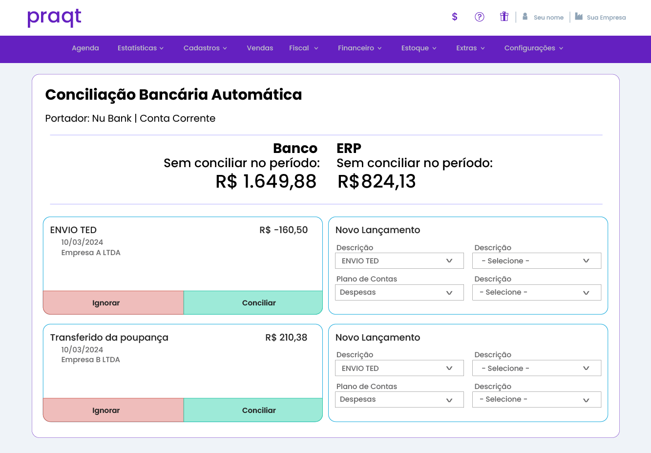 tela de conciliação bancaria