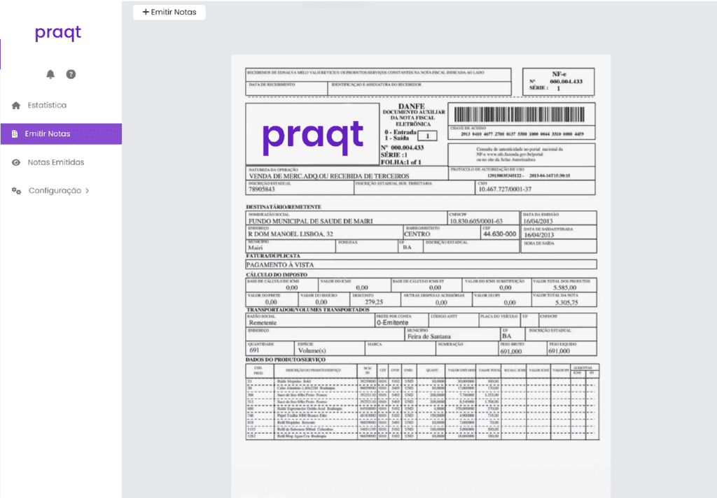 tela de emissão de nota fiscal do sistema erp